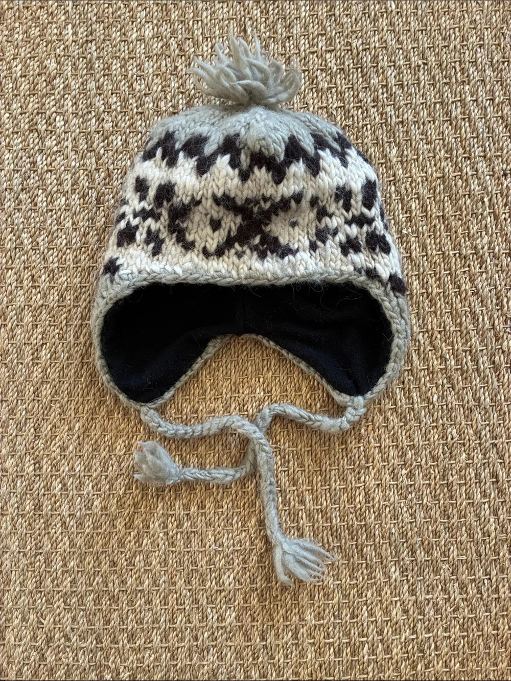 J. Crew Gray, Black and Cream Handknit Pom Beanie with Ear Flaps